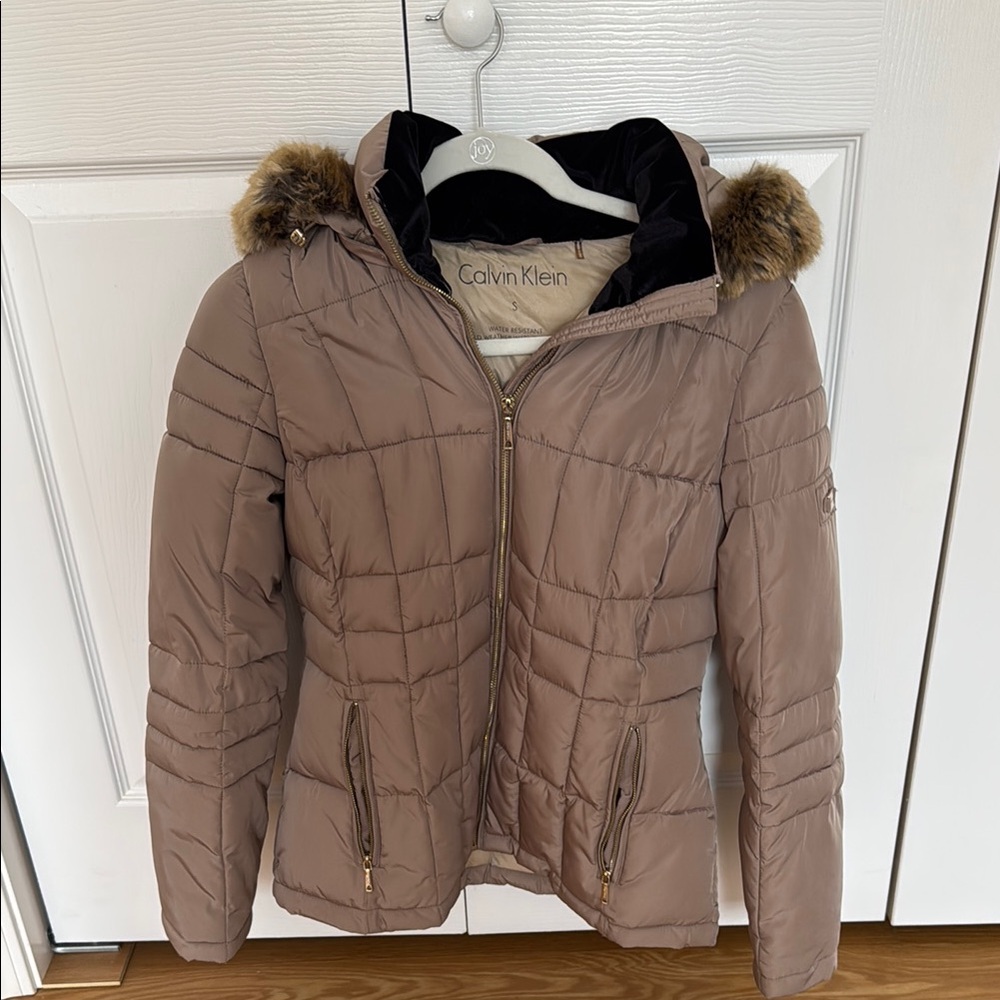 Calvin Klein Taupe Puffer Jacket with Faux Fur Hood